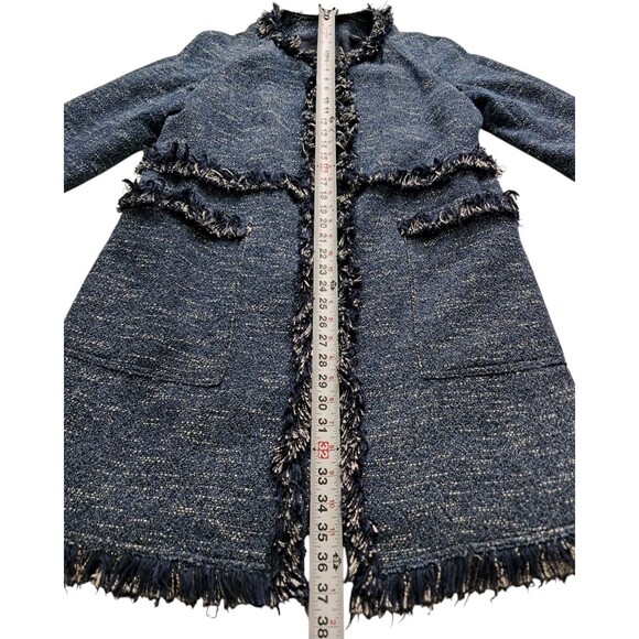 Theory Coat Women's Large Blue Zarafilla Indigo Tweed Fringe Trim Work Career - Picture 13 of 14